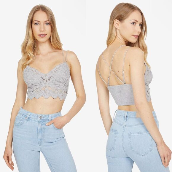 Free People One XSmall Gray Ilektra Bralette Lace Crochet Cropped Tank Straps - Picture 9 of 9